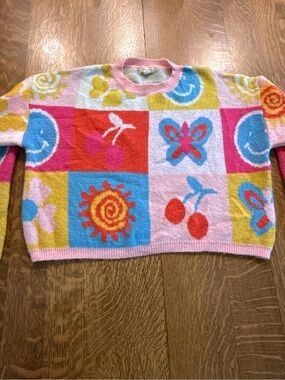 debut Pink Multicolor Checkerboard Crewneck Sweater with Cherries & Butterflies